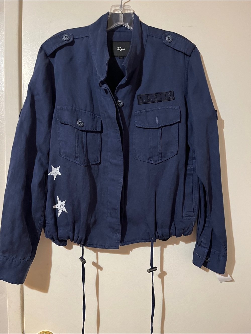 RAILS Womens Grant Indigo Military Jacket Stars Bomber Lyocell Linen S $198